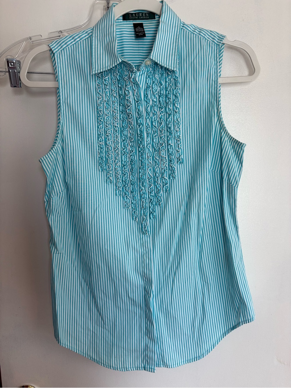 Ralph Lauren Sleeveless Teal and White Striped Ruffled Bib Blouse